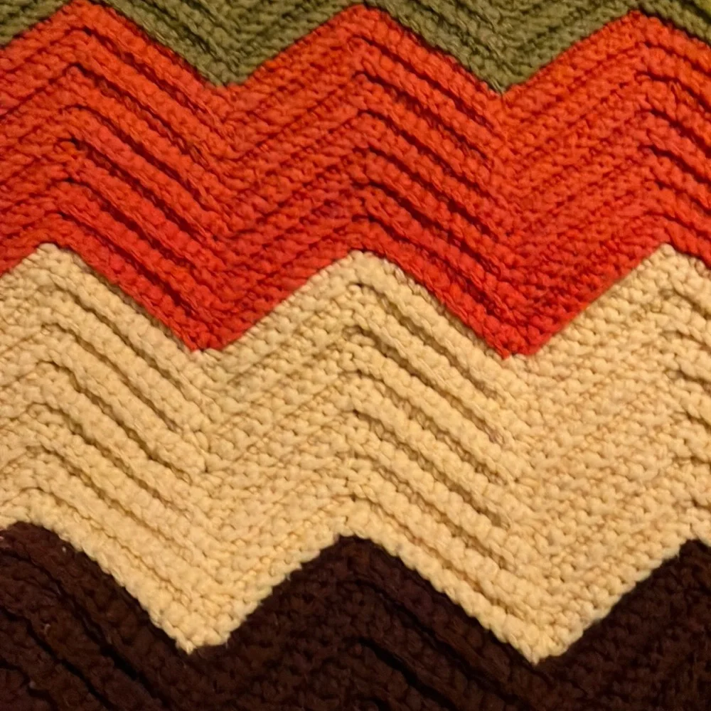 Hand Crafted Crochet Afghan Chevron Throw Blanket Brown Yellow ‎ Orange Green